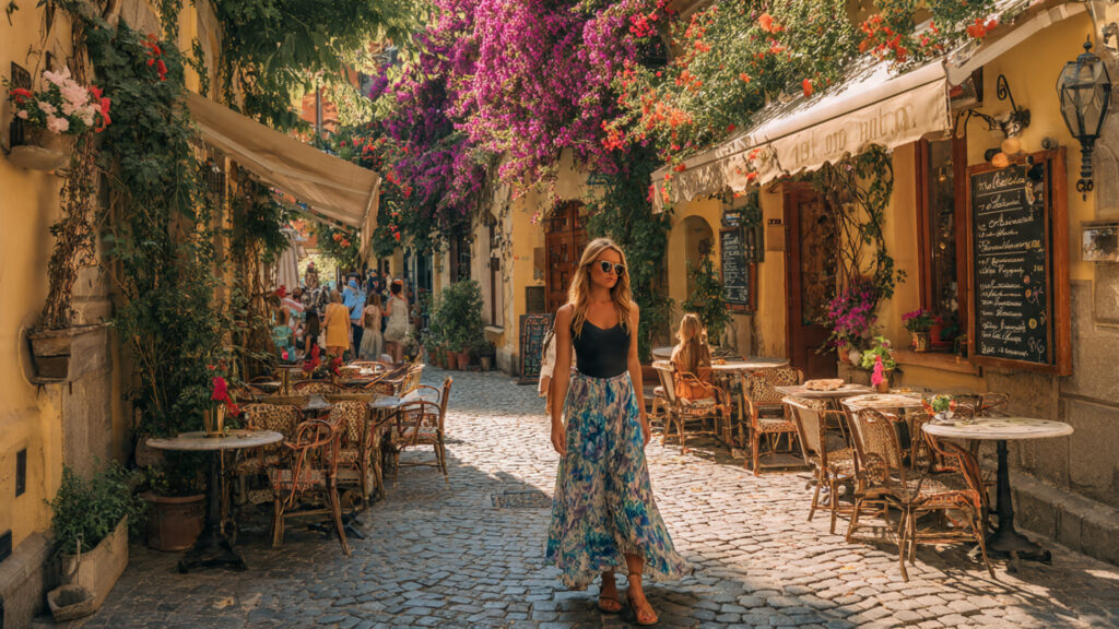 midi skirt and tank top summer vacation outfit