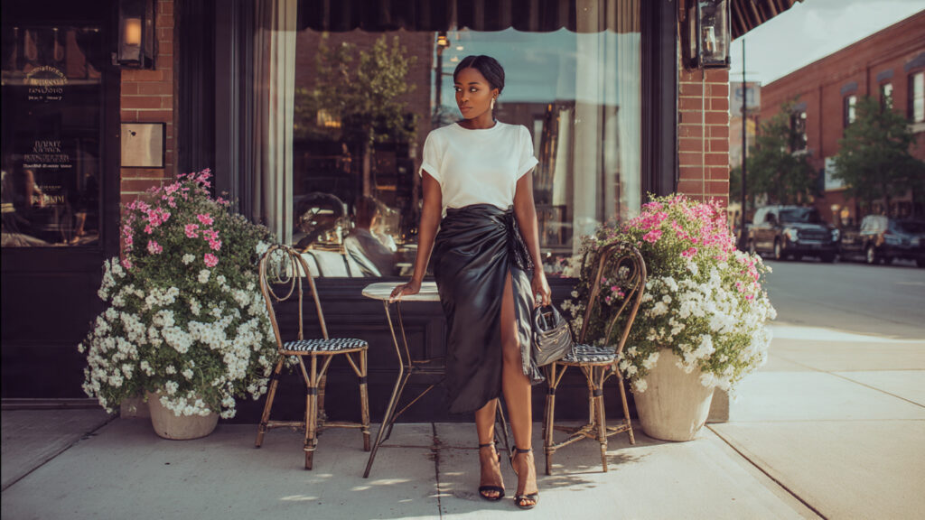satin midi skirt and white tee spring outfit for Black women