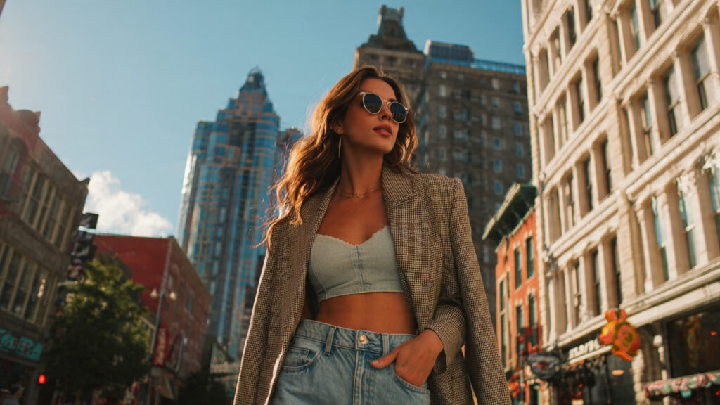jeans crop top blazer travel outfit chic look