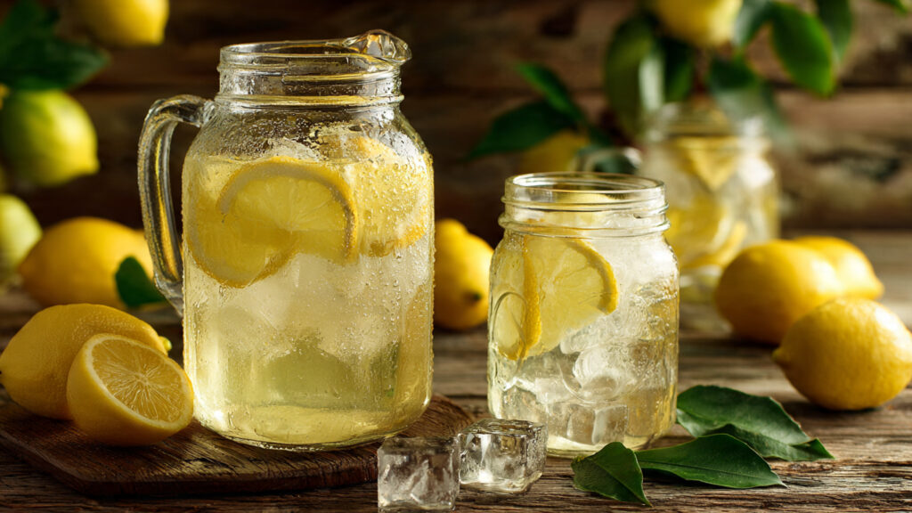 Classic homemade lemonade with lemon slices in pitcher.
