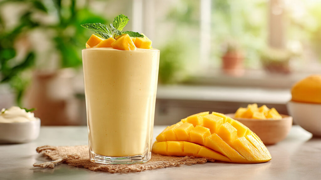 Mango yogurt smoothie with fresh mango cubes.