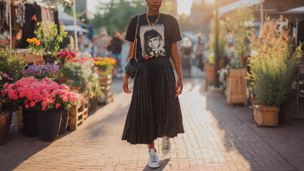 graphic tee and midi skirt casual spring outfit