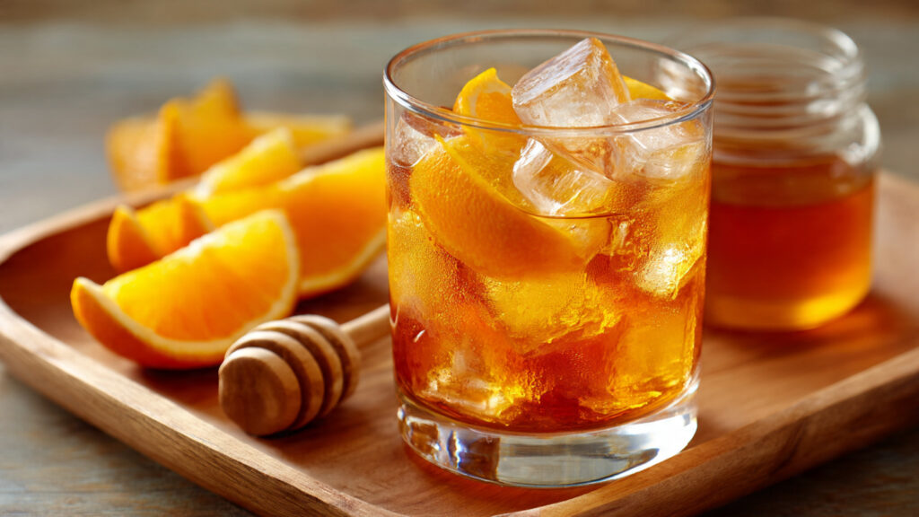 Orange honey iced tea drink with fresh orange slices.