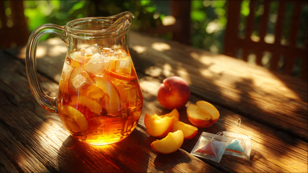 Homemade iced peach tea with fresh peach slices.