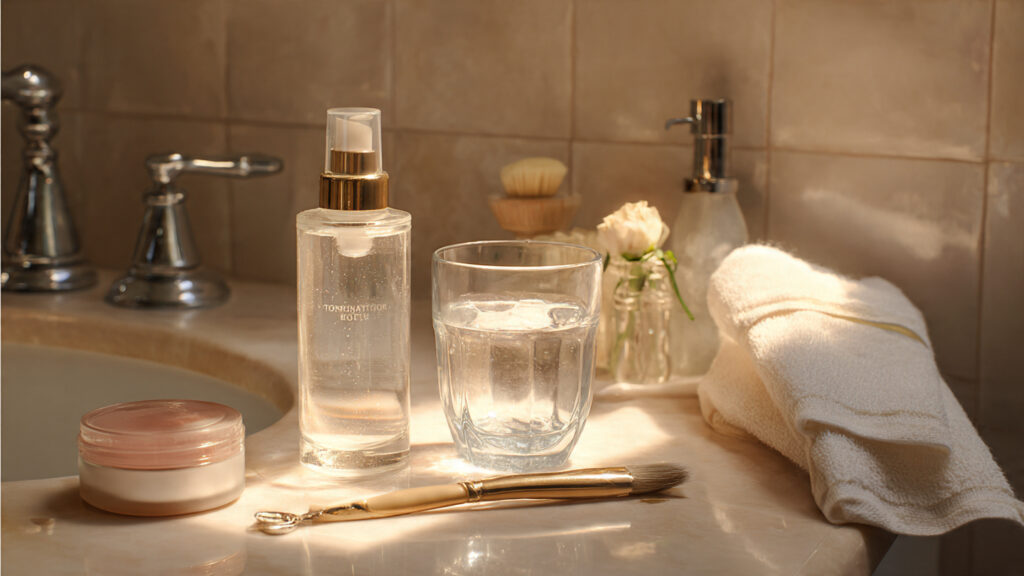 Skincare routine for maintaining a long-lasting tan with hydration and moisturizing products.