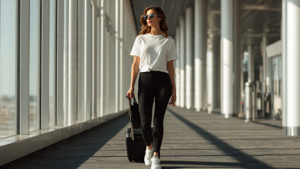 leggings and oversized tee travel outfit for airport style