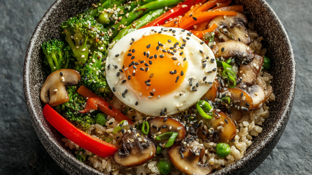 brown rice veggie egg bowl for stable energy