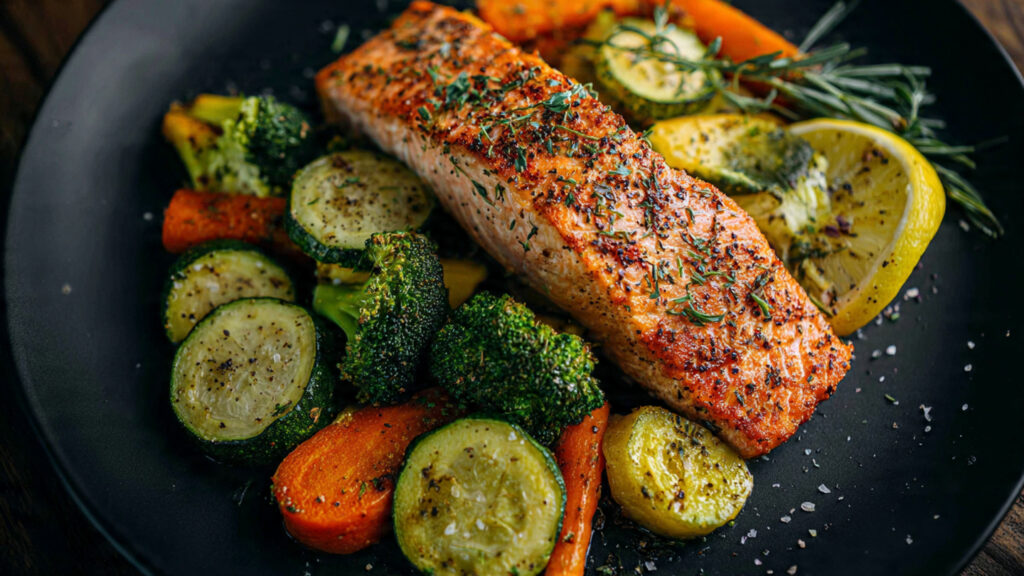 salmon with roasted vegetables for stable energy meals