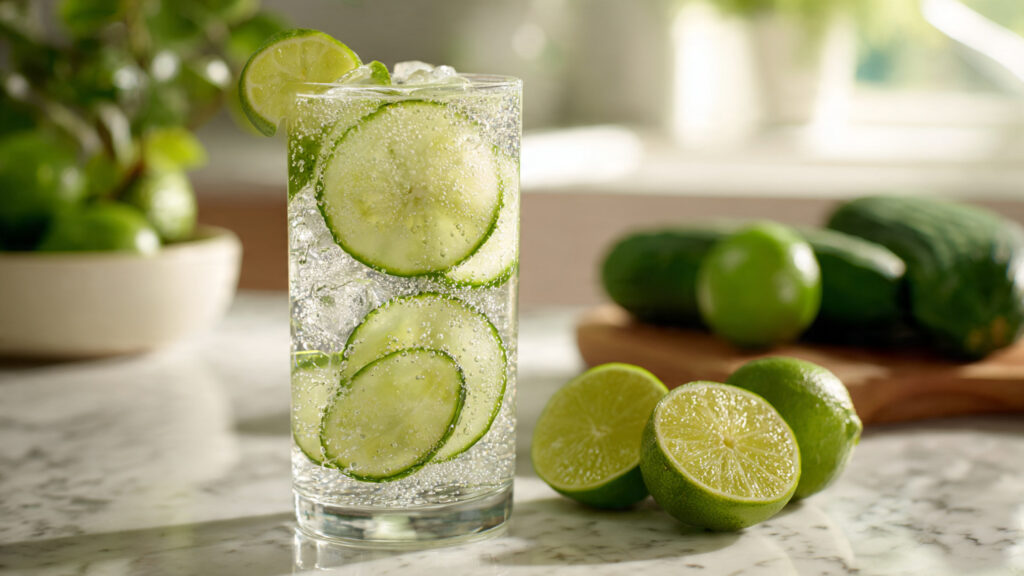 Cucumber lime cooler drink with fresh cucumber slices.
