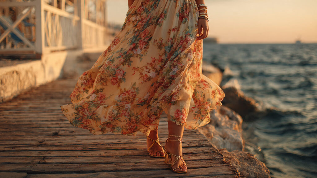 flowy floral maxi dress vacation outfit at sunset by the beach