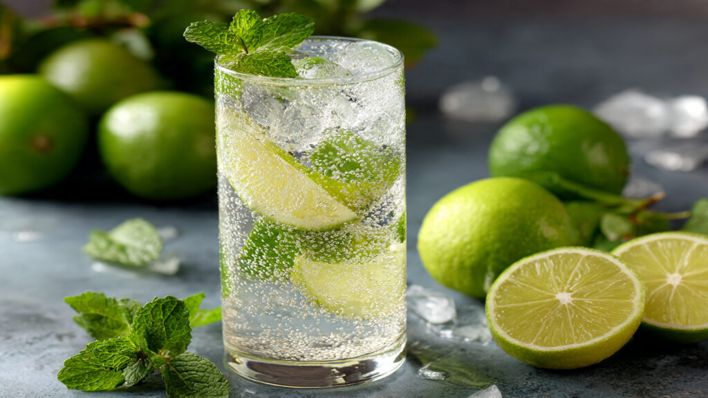 Mint lime sparkling drink with fresh mint garnish.
