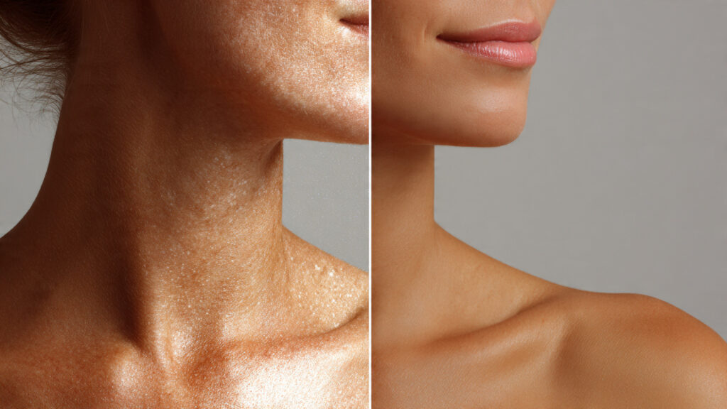 Comparison showing common tanning mistakes versus properly applied tanning results.