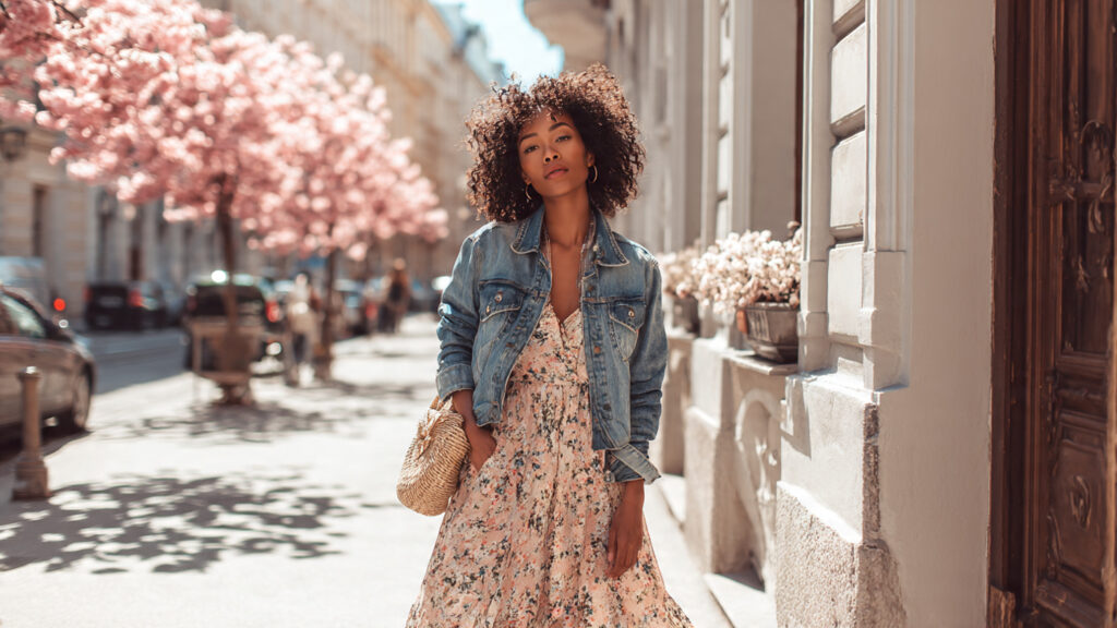 floral maxi dress with denim jacket spring outfit for Black women