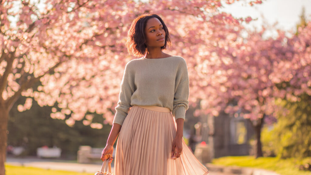 sweater and pleated skirt spring outfit for Black women