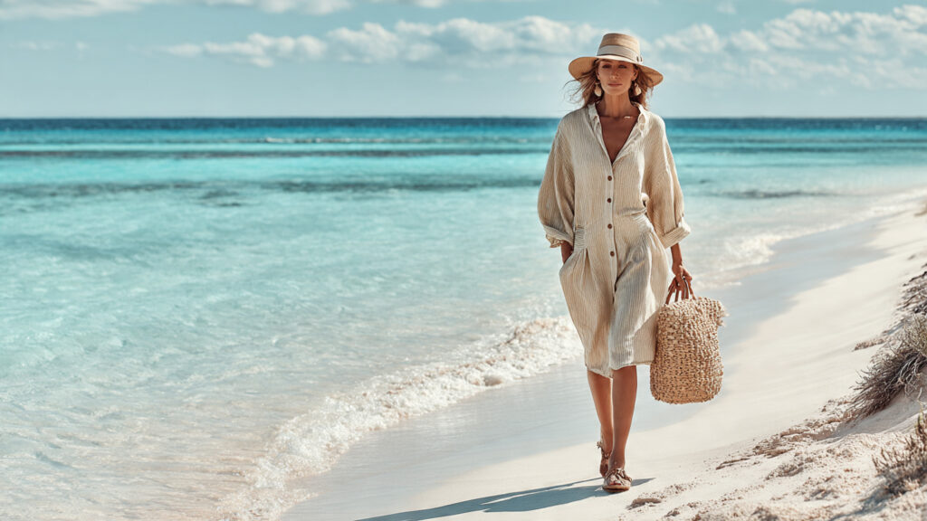 woman wearing beige linen vacation outfit set on summer beach
