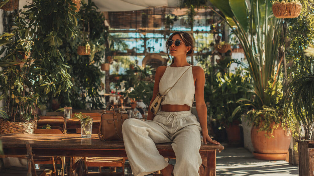 linen pants and crop top summer vacation outfit