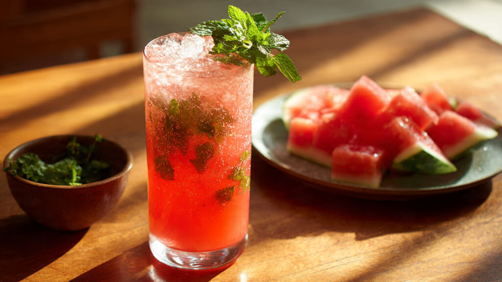 Fresh watermelon mint cooler drink with ice and mint leaves.