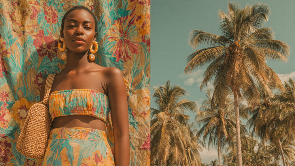 tropical print two piece vacation outfit with palm trees