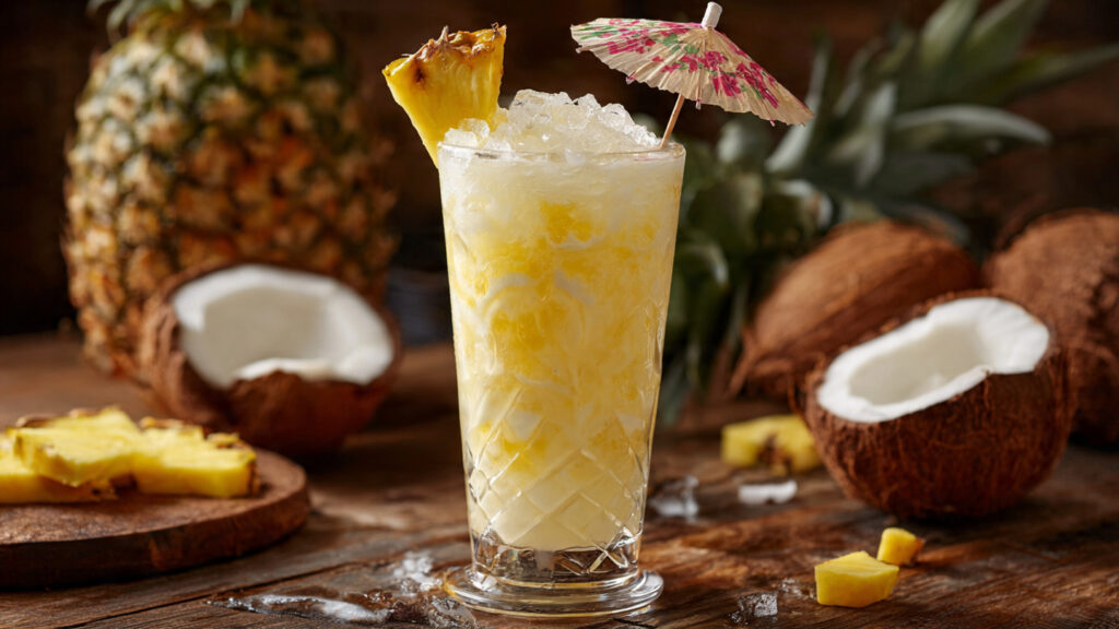 Pineapple coconut refresher tropical drink with ice.