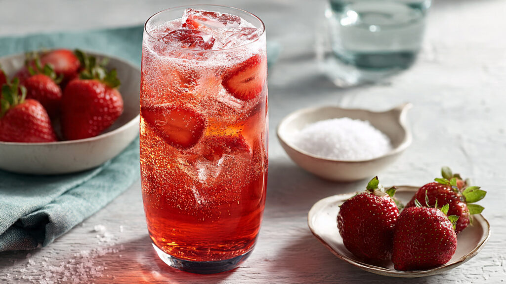 Strawberry sparkling refresher drink with fresh strawberries.