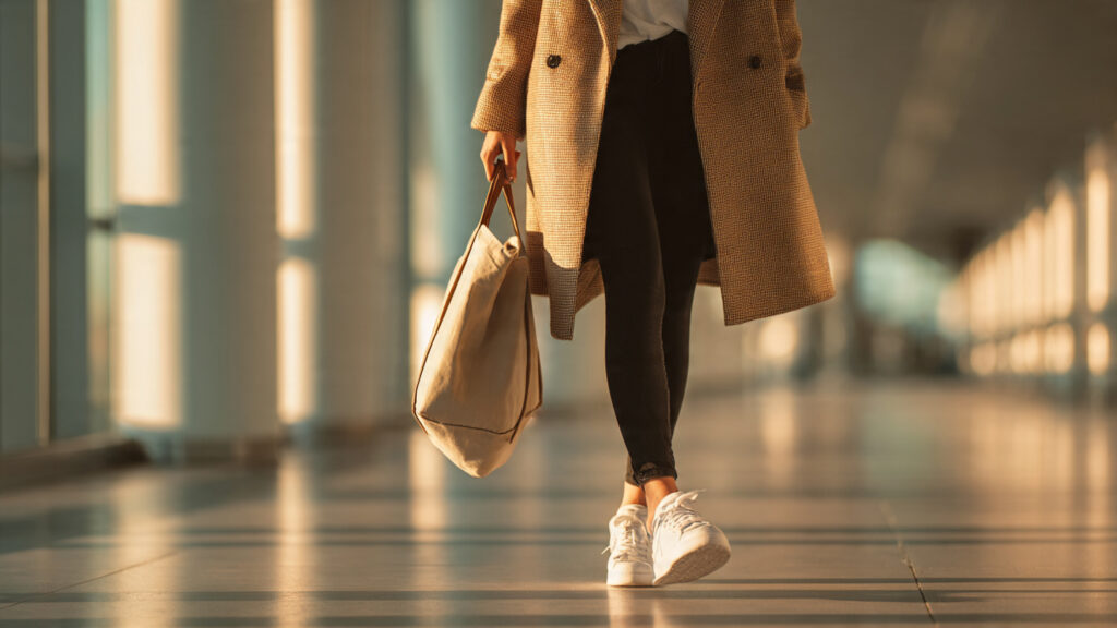 oversized blazer airport outfit with leggings and sneakers for comfortable travel