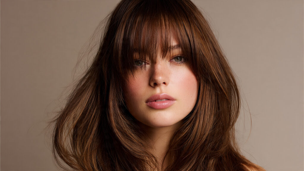 Classic soft wispy bangs with long layered hair.