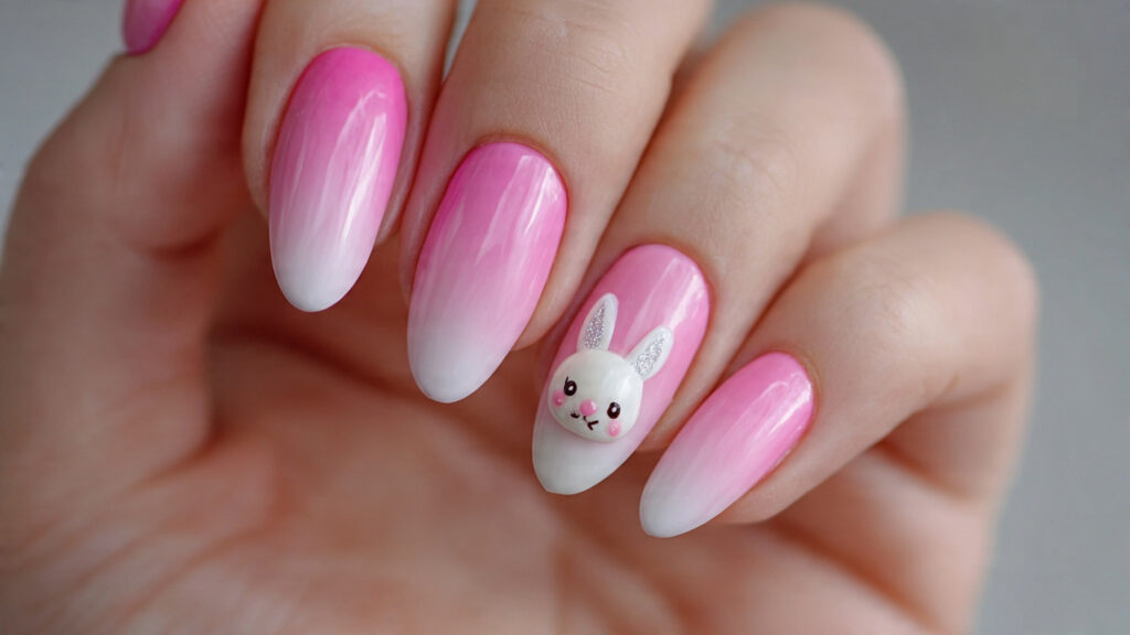 Pink ombre Easter bunny nails with bunny accent.