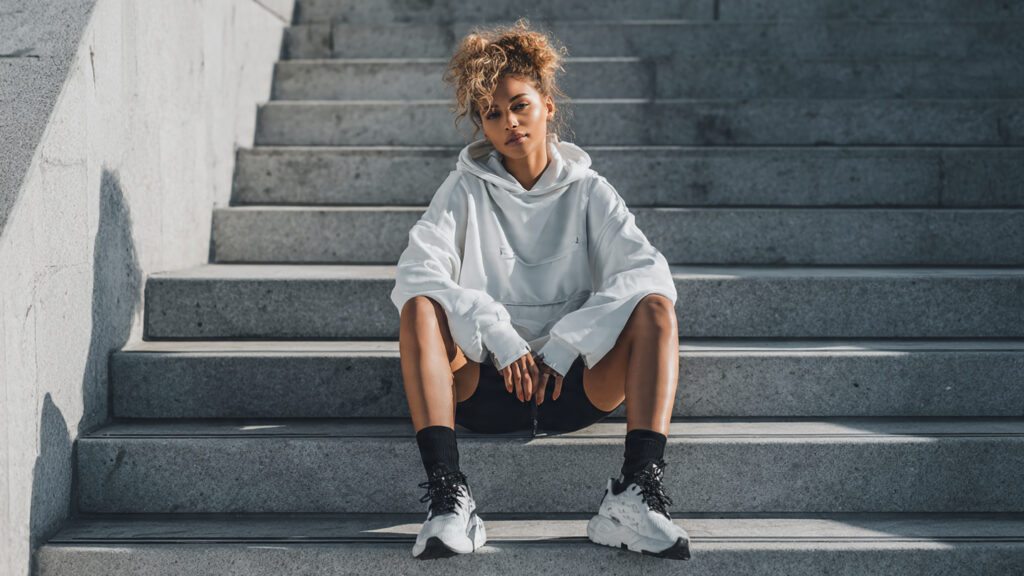 hoodie with biker shorts athleisure outfit