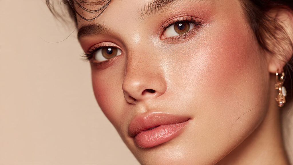 Peach monochrome 10-minute makeup look.