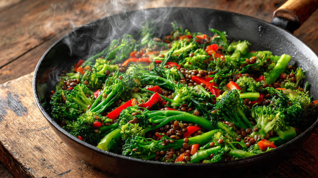 Broccoli and lentil stir-fry in a skillet with colorful vegetables