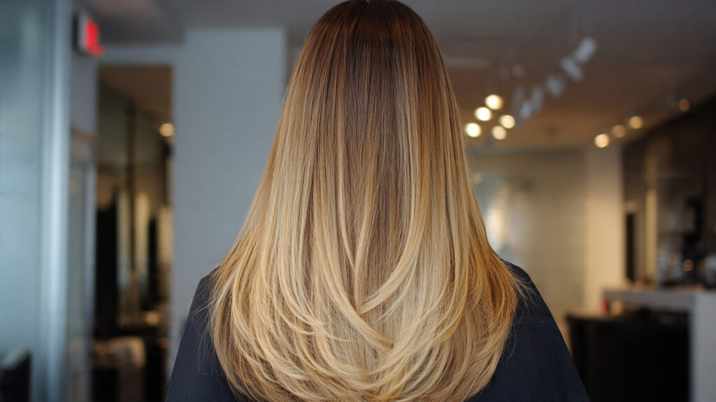 Brunette hair with blonde ombre ends.
