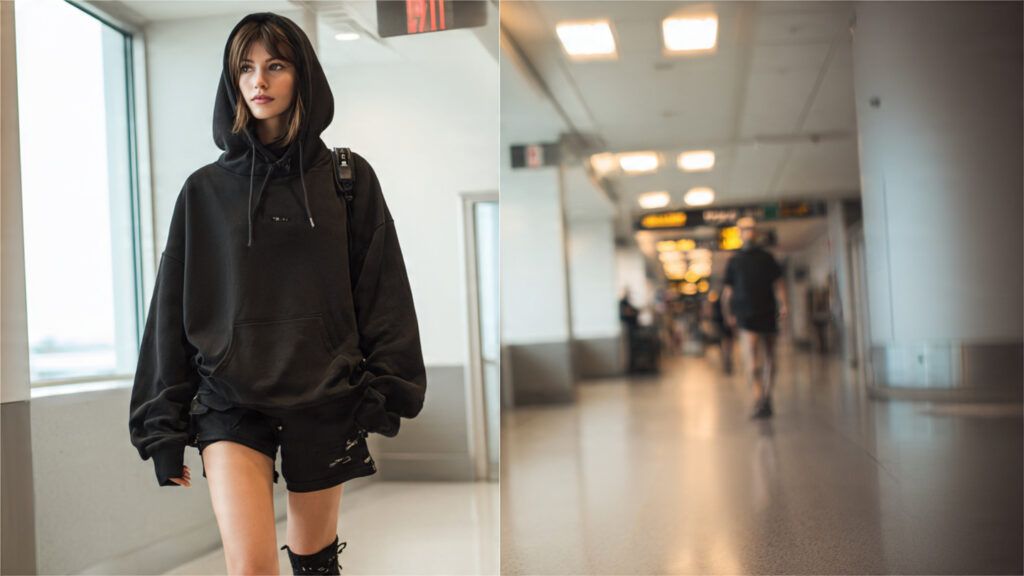 hoodie and biker shorts airport outfit trendy and comfortable travel look