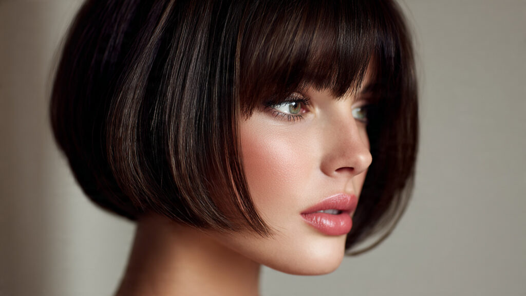 Short bob hairstyle with wispy bangs.
