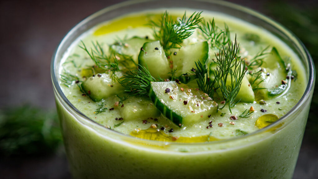 Chilled cucumber and avocado gazpacho garnished with dill in a bowl