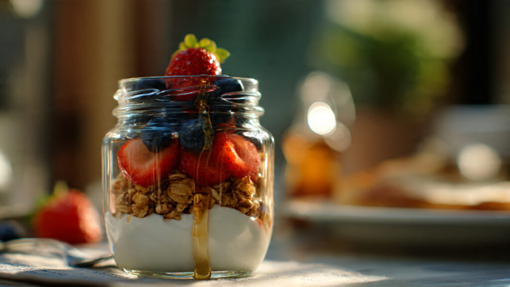 Greek yogurt parfait with berries and granola in glass jar.