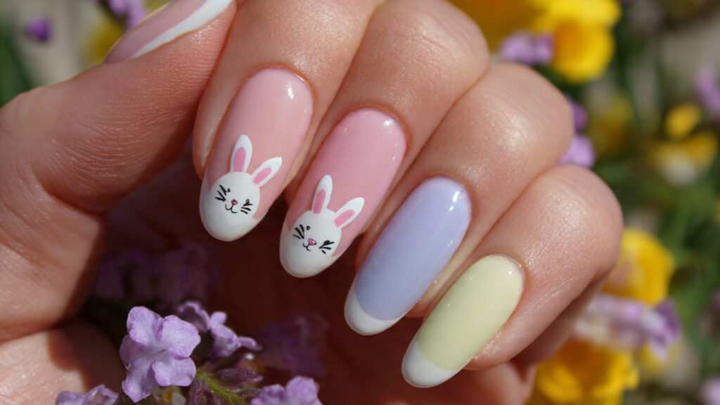 Pastel French tip Easter bunny nails with tiny white bunny face accent.