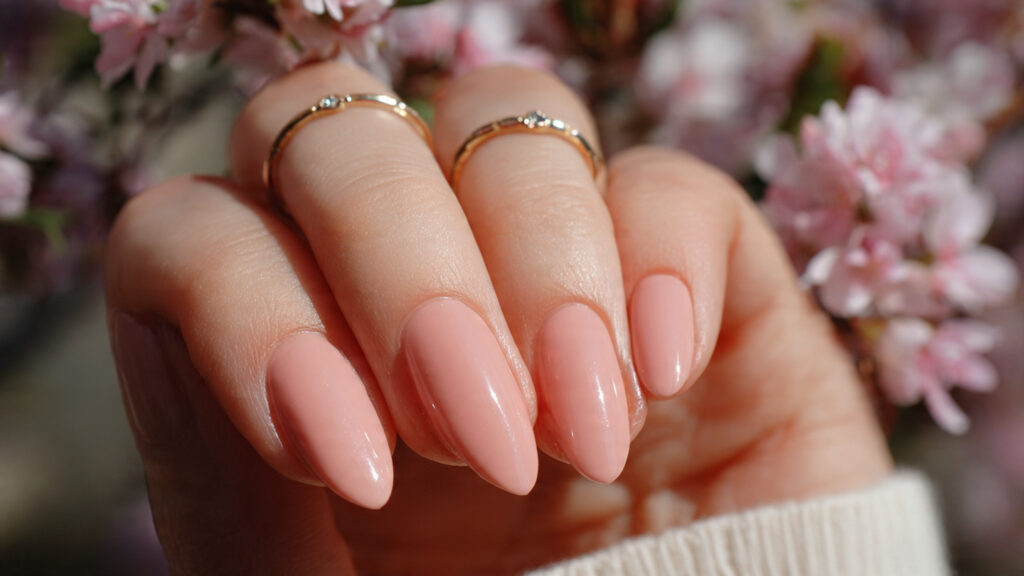 glossy peach spring nails inspo manicure