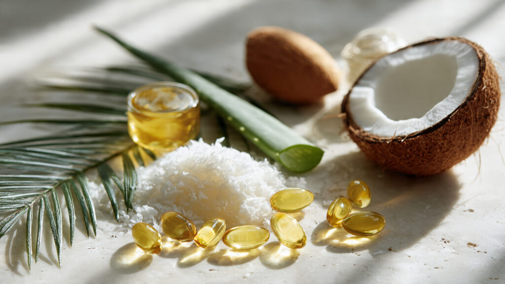 Natural ingredients commonly found in tanning oils and lotions such as coconut oil and aloe vera.