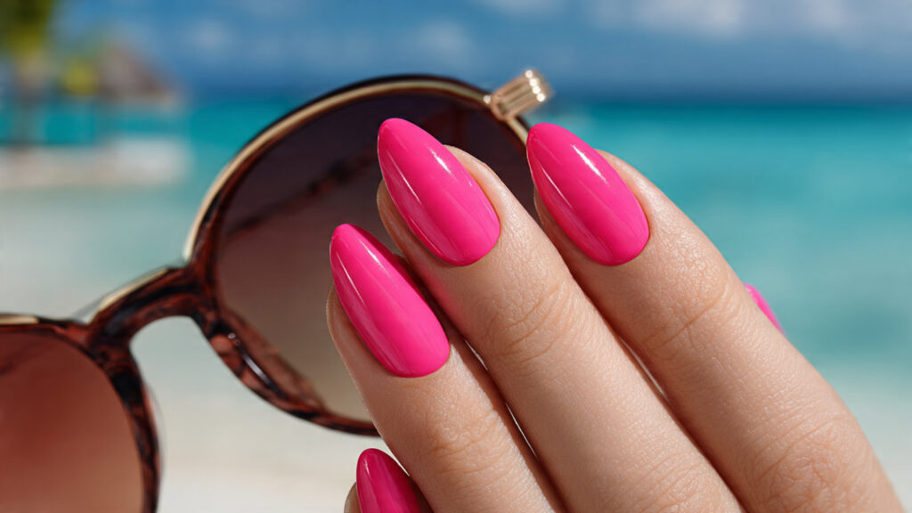 Neon pink almond spring break nails for trendy looks.