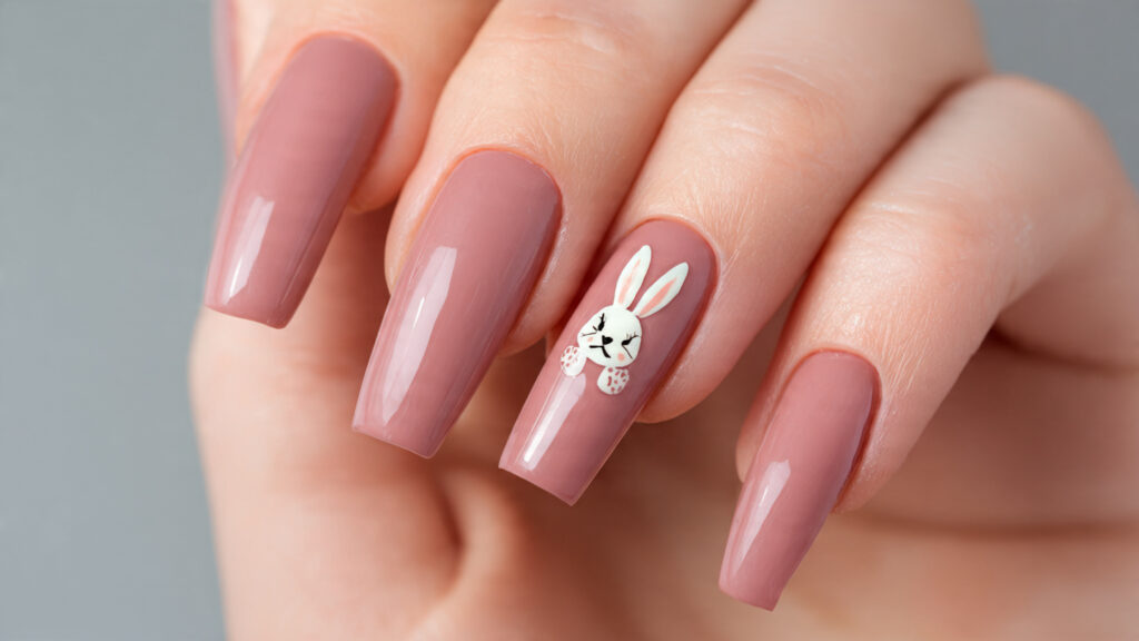 Matte dusty rose Easter bunny nails.