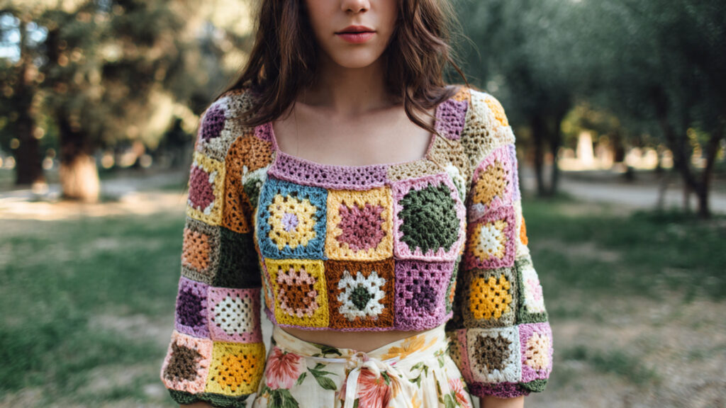 Colorful granny square crochet crop top for summer outfit.