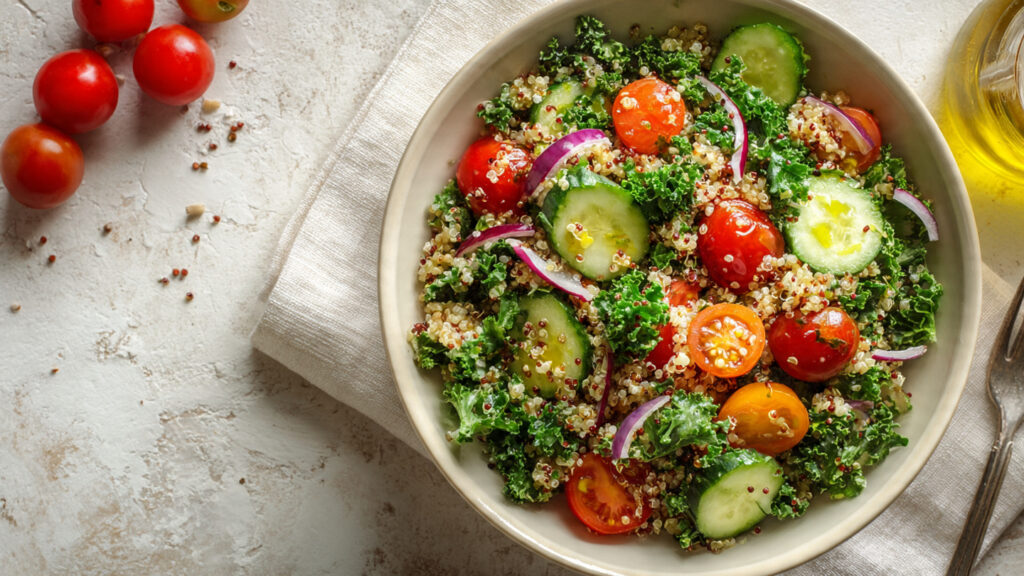 Kale and quinoa salad with cherry tomatoes and cucumber slices