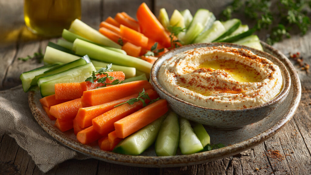 hummus with carrot and cucumber healthy snack