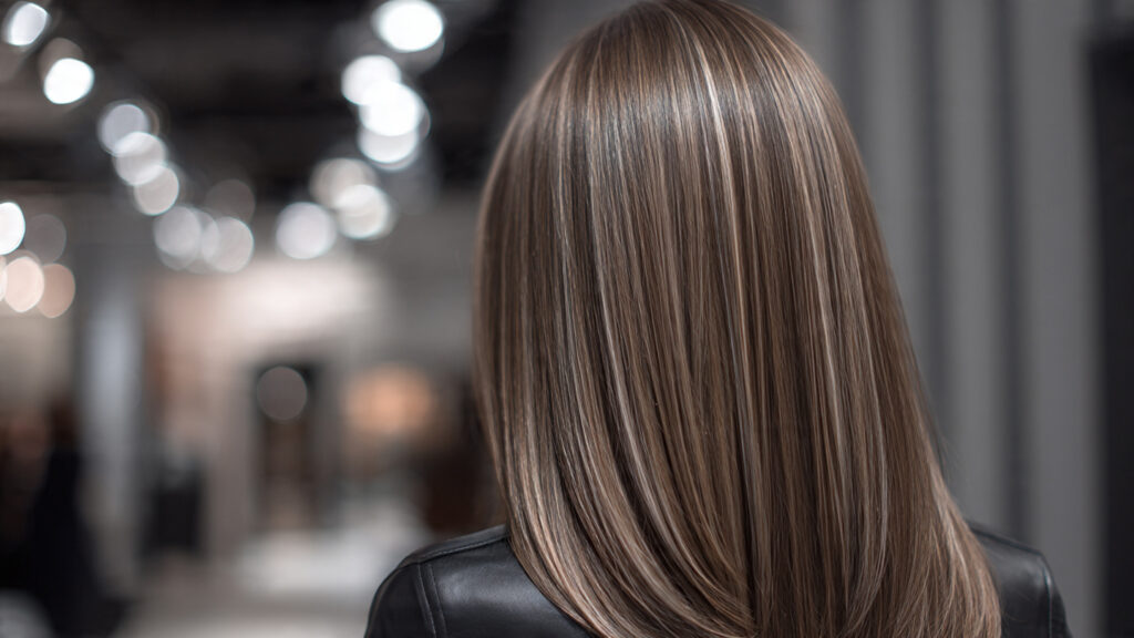 Cool brunette hair with ash blonde highlights.