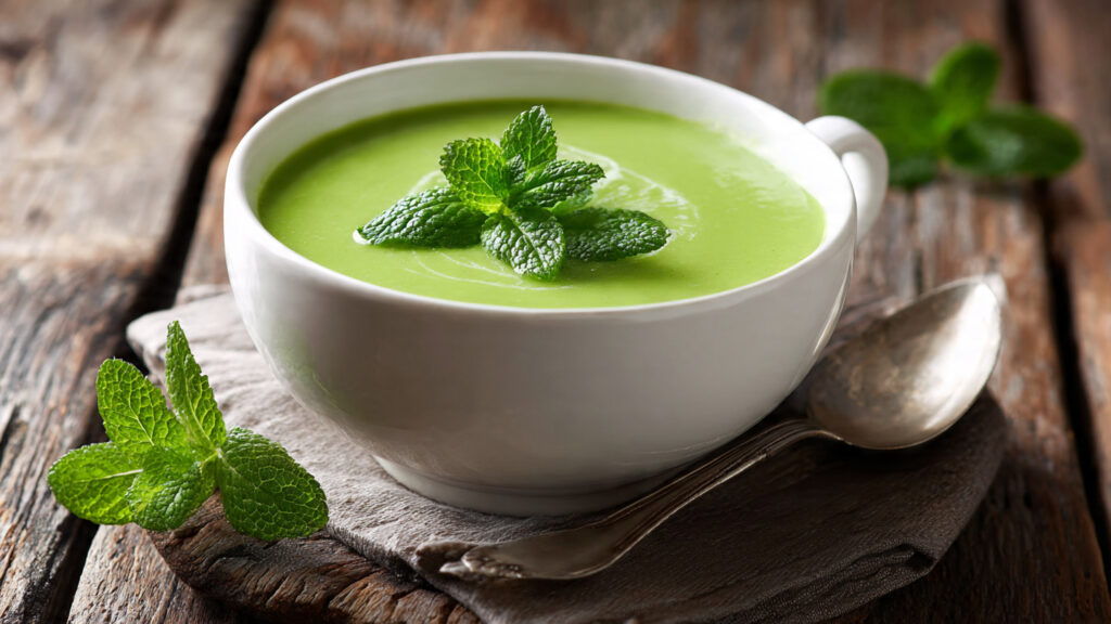 Creamy green pea soup garnished with mint leaves in a white bowl