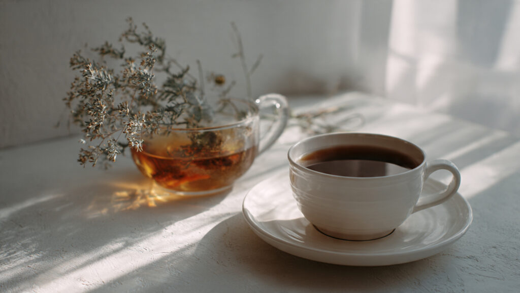 Coffee and herbal tea showing reduced caffeine options