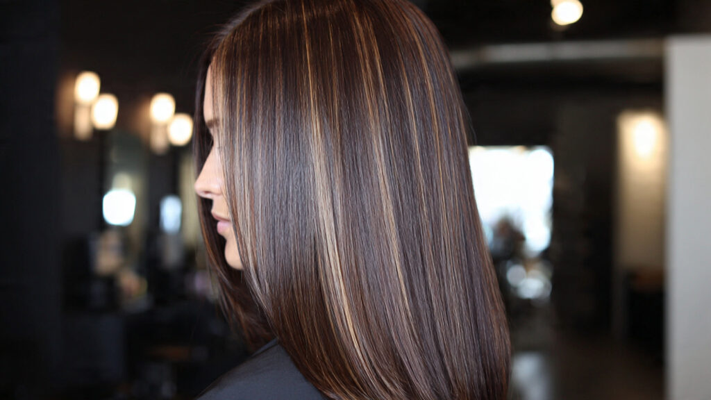 cool beige highlights on brunette hair