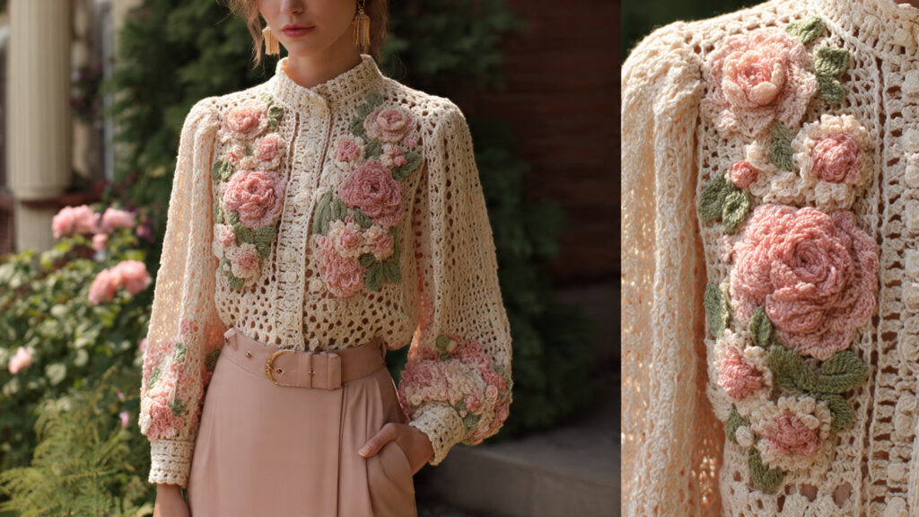Floral motif crochet blouse for elegant summer look.