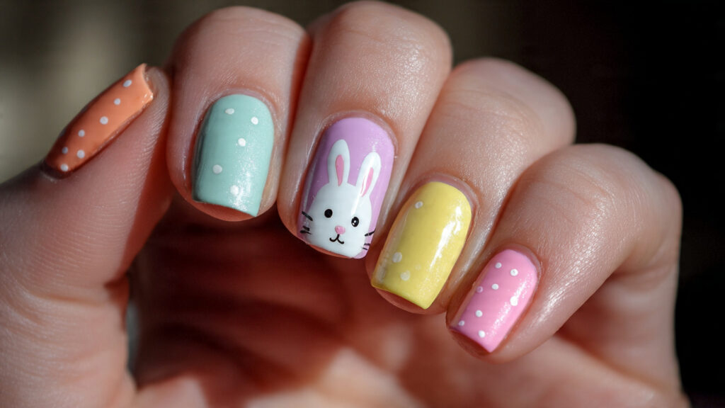 Mixed pastel Easter bunny nail design.