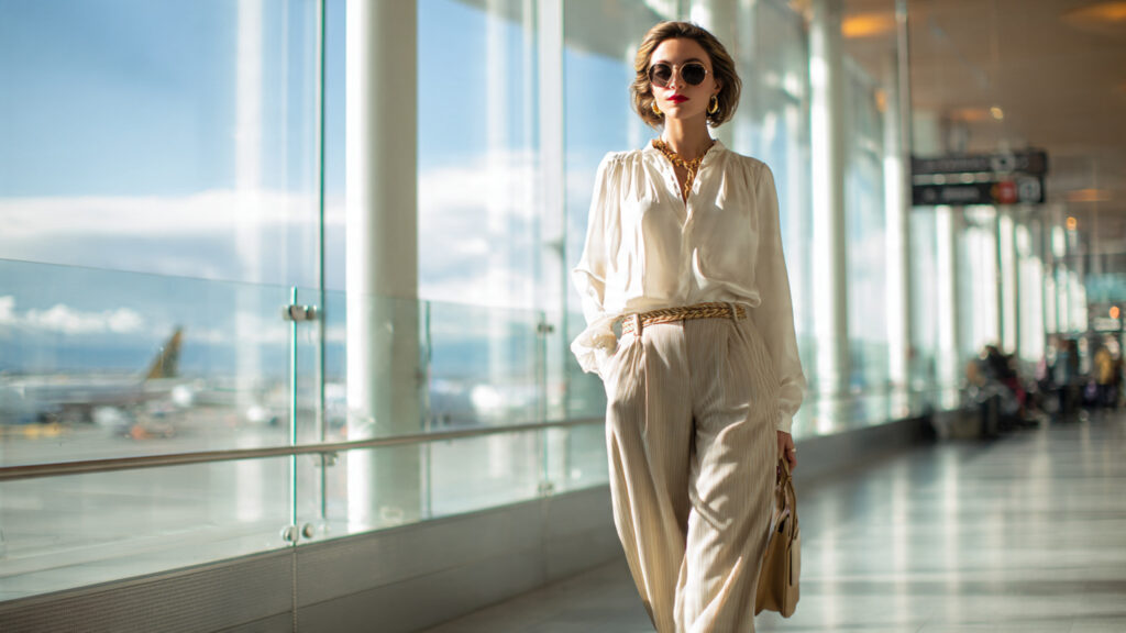 silk top and relaxed trousers airport outfit elegant and breathable travel style